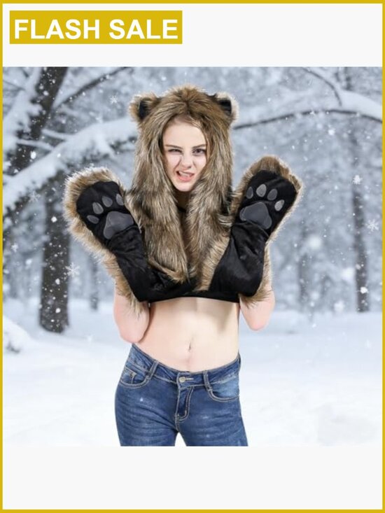 3-in-1 Faux Fur Animal Hood Hat Scarf Gloves Set Winter Warm Unisex main image 5